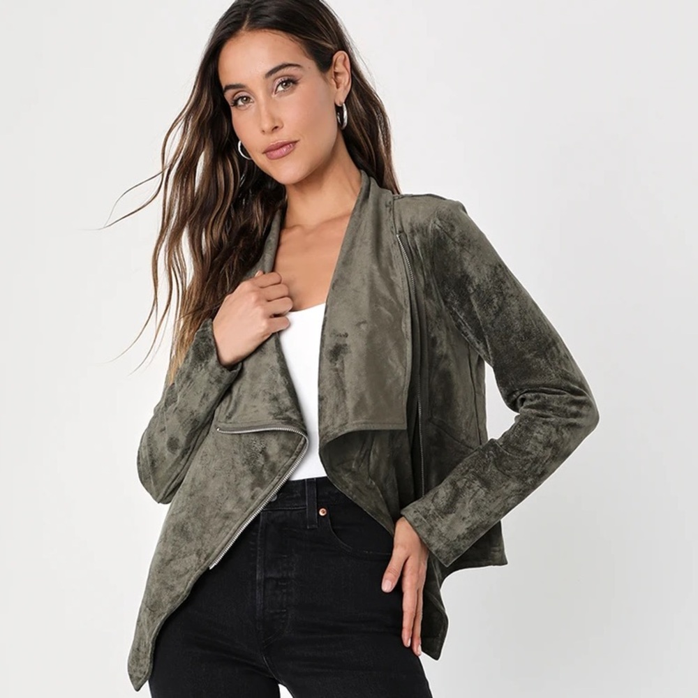 Lulus Wild at Heart Olive Green Vegan Suede Moto Jacket NWT‎ Size S